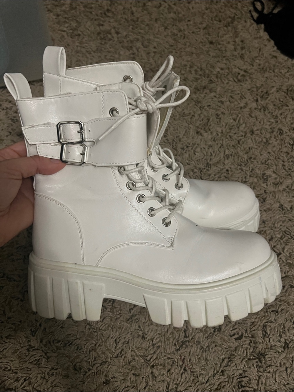 Chunky White Lace-Up Combat Boots with Buckle Strap